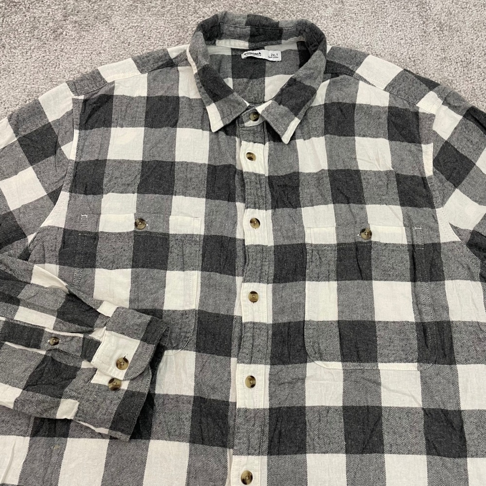 Sonoma Men 2XLT Flannel Grey White Buffalo Plaid Button-Down Cabin Classic Fall